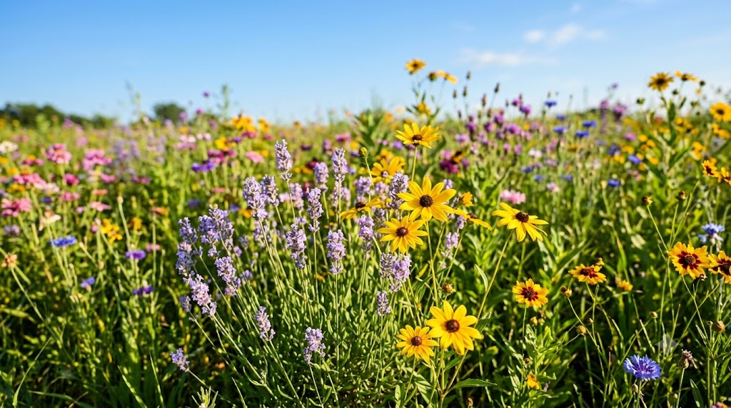 A vibrant, sunny field filled with blooming wildflowers, featuring clusters of purple lavender and bright yellow sunflowers under a clear blue sky.